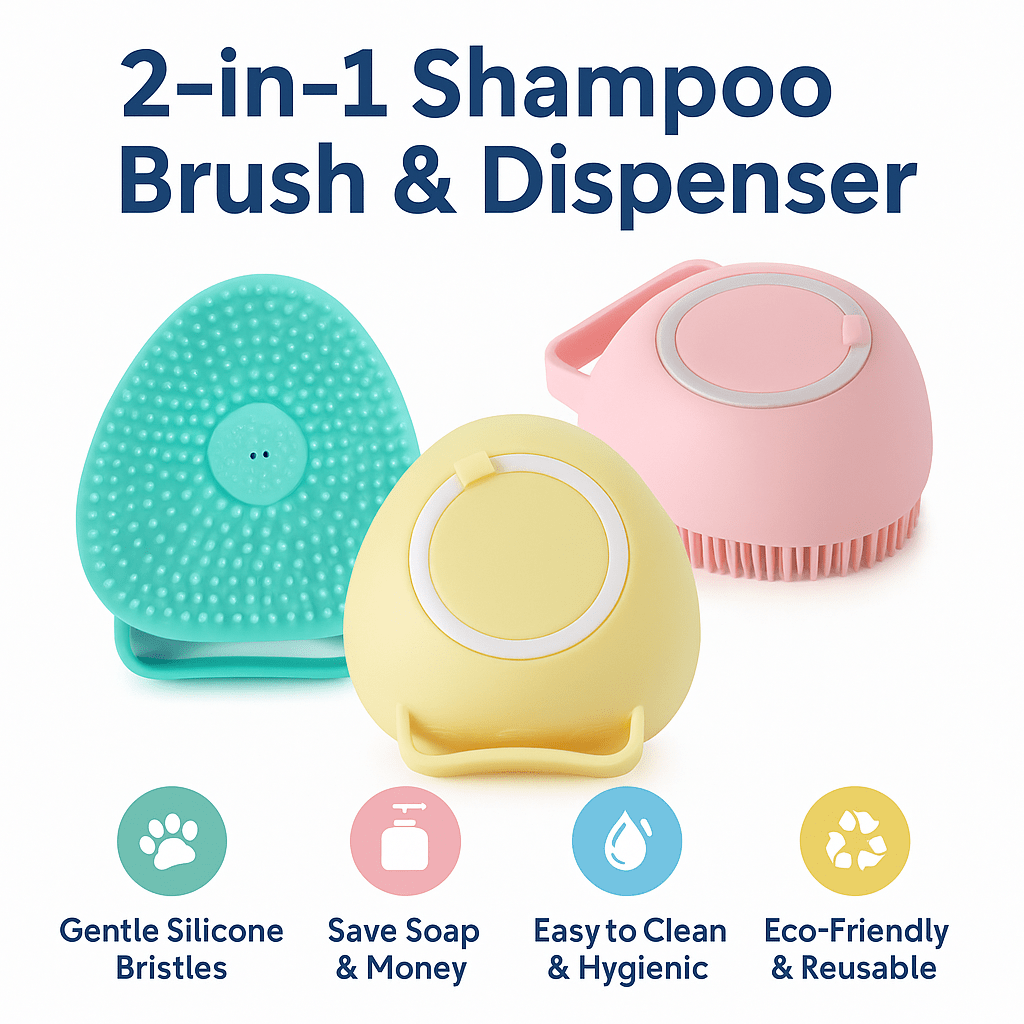 Three colorful 2-in-1 Shampoo Brush & Dispensers on a white background with features listed below.