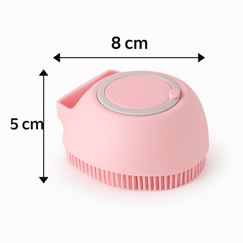 Pink bath buddy with dimensions labelled '8 x 5 cm' on a white background