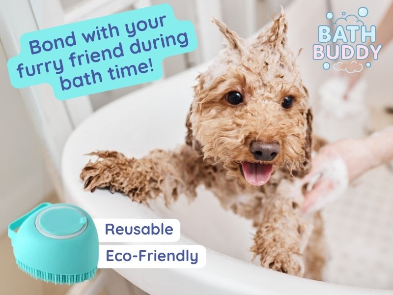 Dog being bathed with a 'Bath Buddy' product, featuring text promoting eco-friendliness and bond-building.