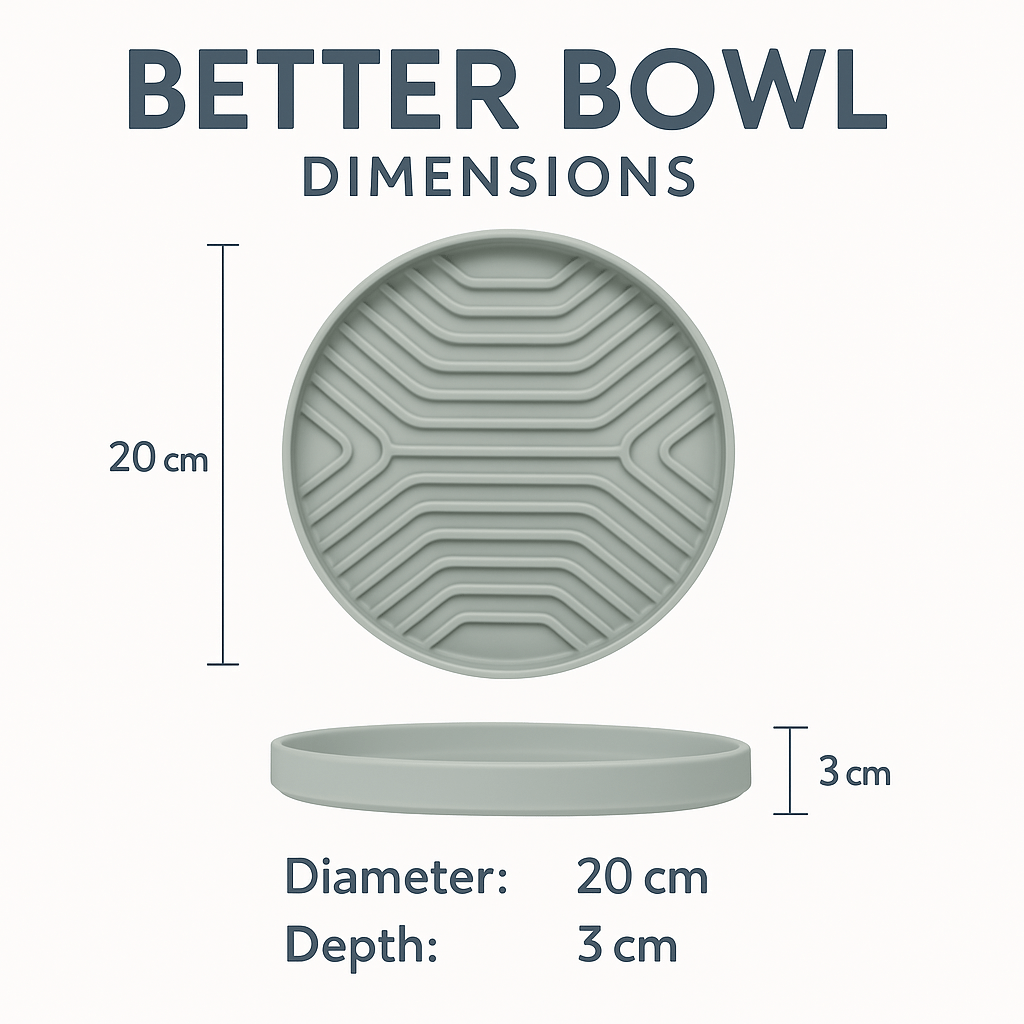Dimensions of a 'Better Bowl' with measurements on a white background