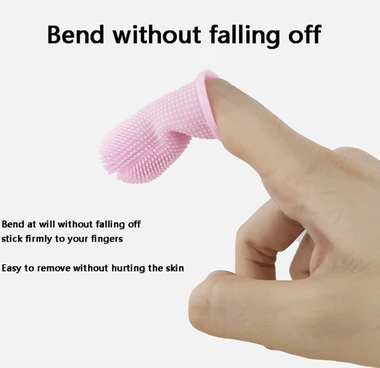 Pink silicone brushy buddy on a finger with text about its features.