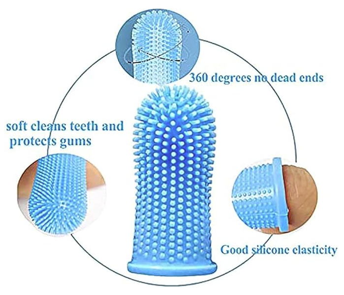 Blue dental cleaning brush with features highlighted on a white background