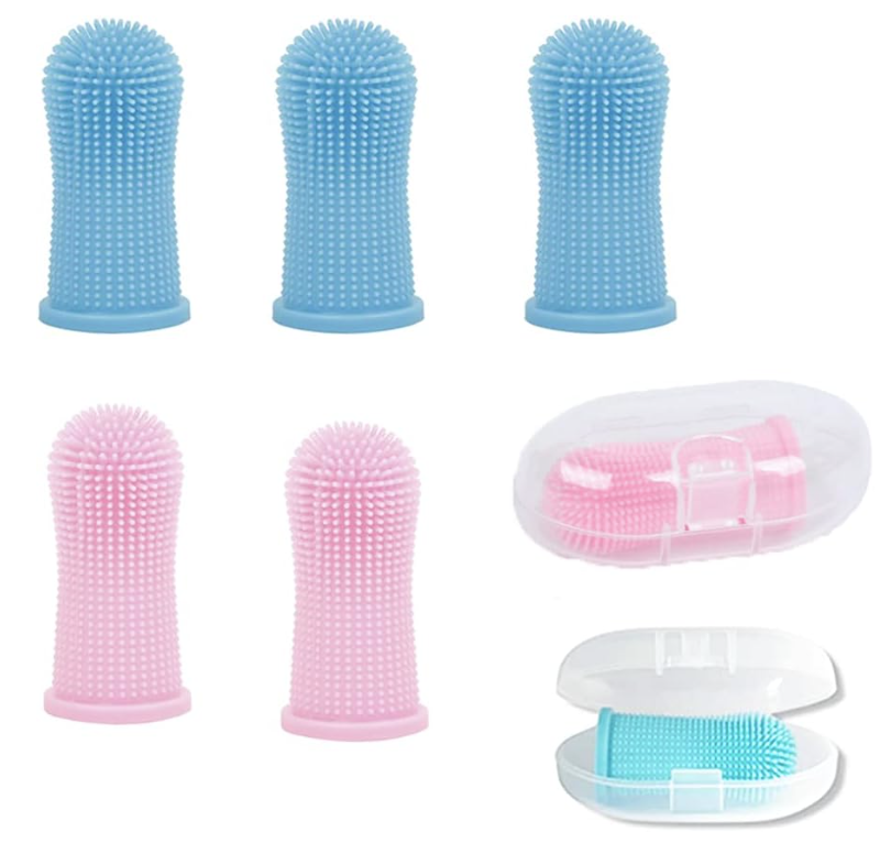 Set of blue and pink silicone brush heads with storage cases on a white background