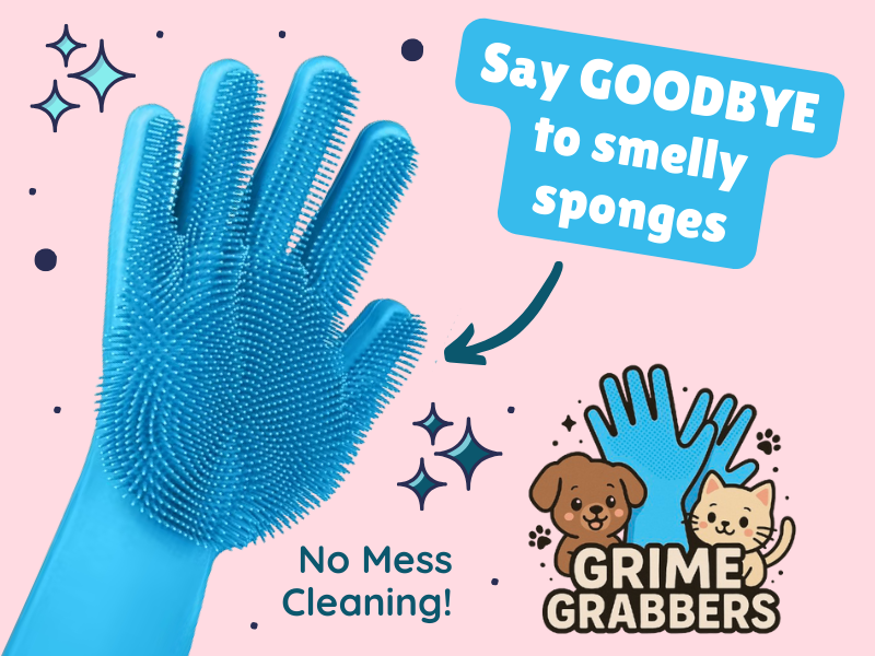 Blue silicone cleaning glove with text on a pink background, featuring 'Grime Grabbers' brand.