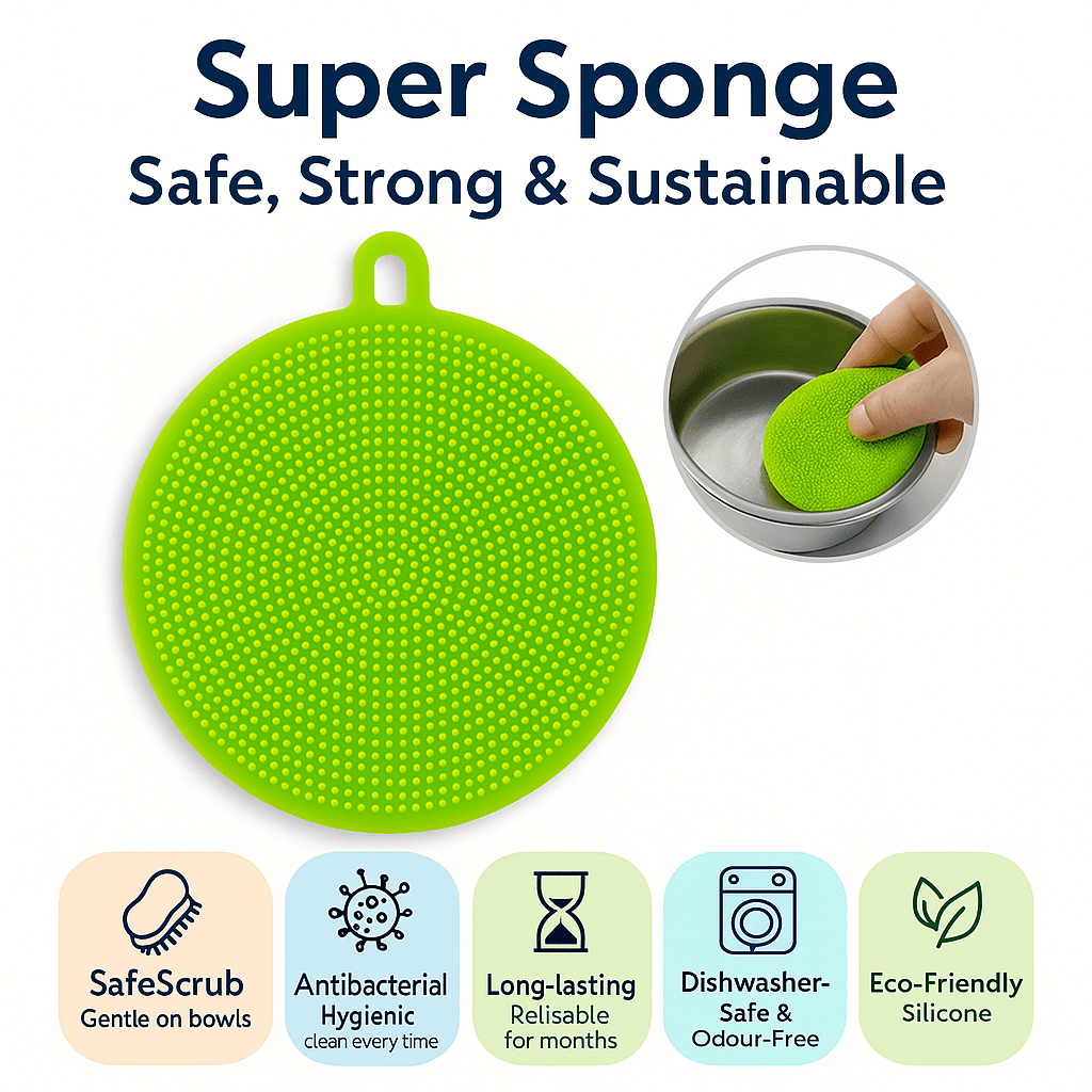 Green super sponge with text highlighting safety, strength, and sustainability on a white background.