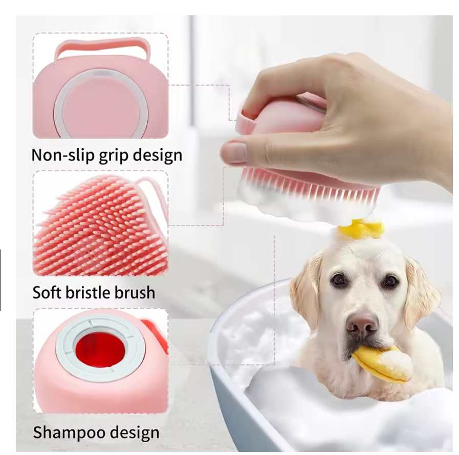 Bath buddy with non-slip grip, soft bristle design, and shampoo compartment, used on a dog.