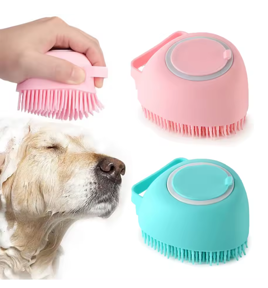 Bath Buddy pink and blue, with handles, shown with a dog being groomed.