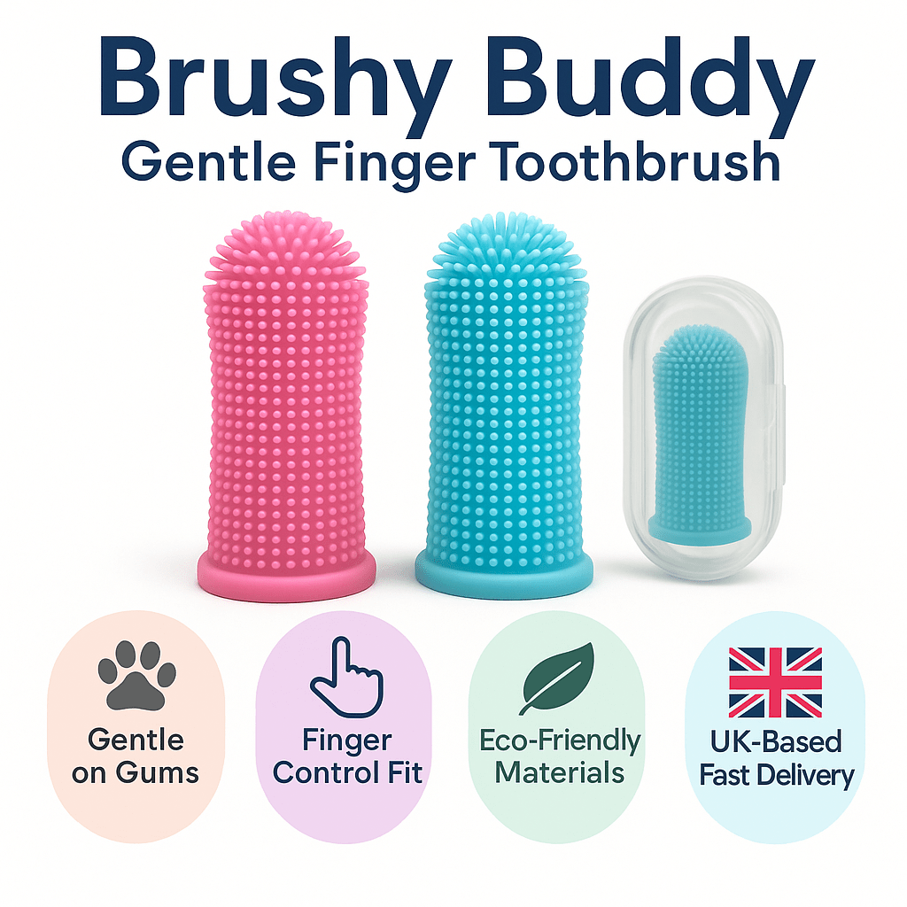 Three Brushy Buddy gentle finger toothbrushes in pink, blue, and in it's carry case with a British flag icon.