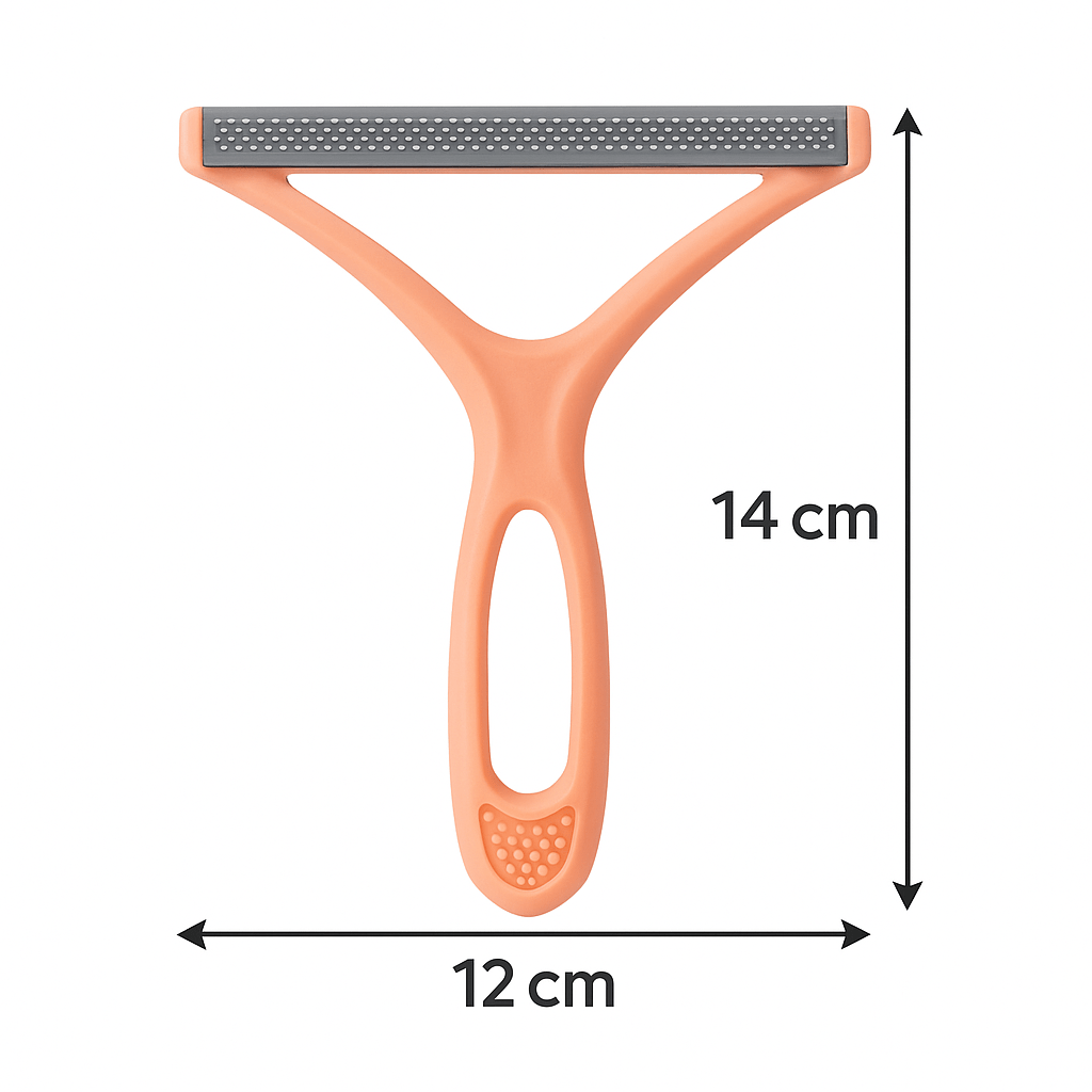 Pink-coloured pet grooming brush with measurements on a white background