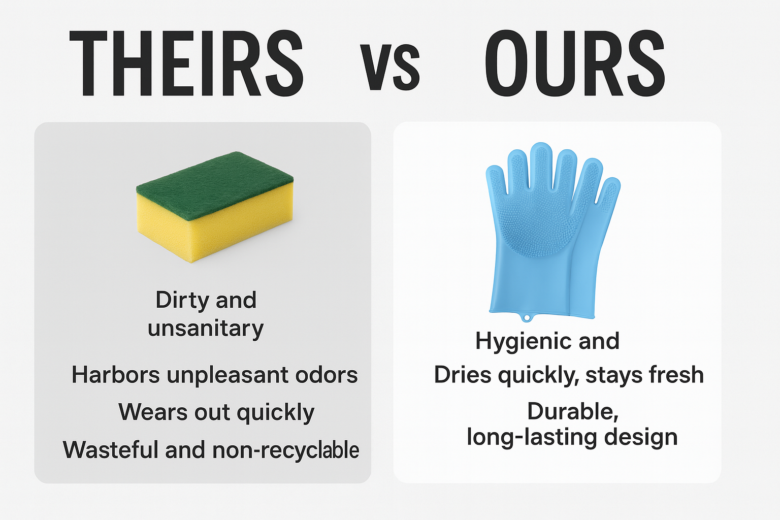 Comparison chart showing 'Theirs' vs 'Ours' with a sponge and Grime Grabbers on a white background.