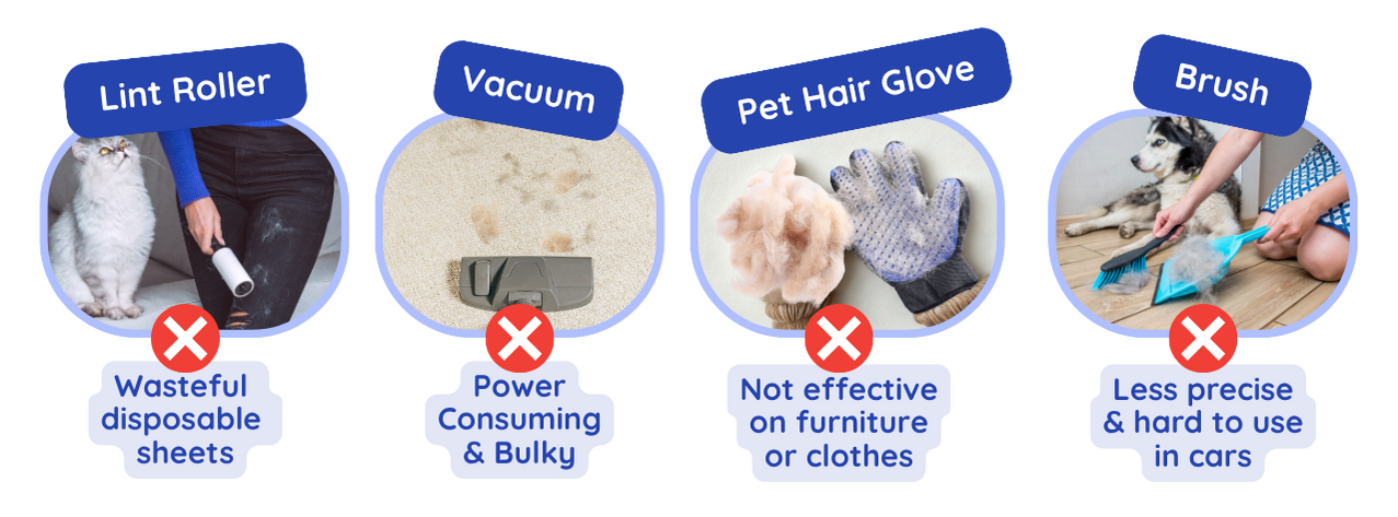 Comparison chart of cleaning tools with icons and text indicating their effectiveness.